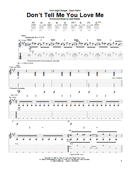 Night Ranger Don't Tell Me You Love Me sheet music notes and chords arranged for Guitar Tab