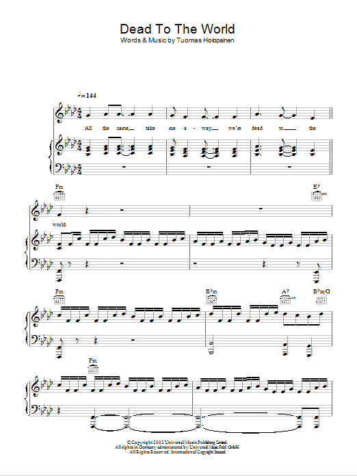 Nightwish Dead To The World sheet music notes and chords arranged for Piano, Vocal & Guitar Chords
