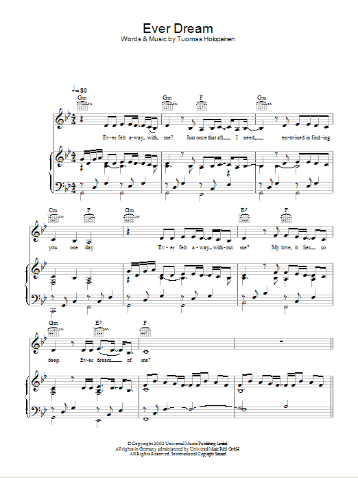 Nightwish Ever Dream sheet music notes and chords arranged for Piano, Vocal & Guitar Chords