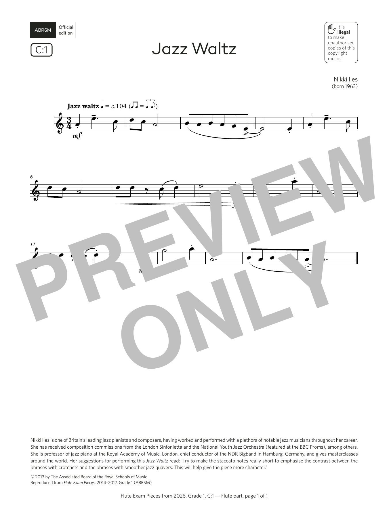Nikki Iles Jazz Waltz (Grade 1, list C1, from the ABRSM Flute Syllabus from 2026) sheet music notes and chords arranged for Flute Solo
