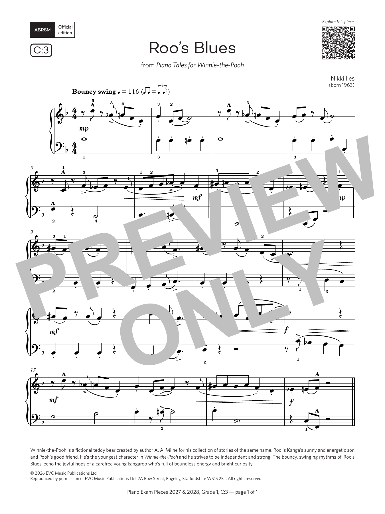 Nikki Iles Roo's Blues (Grade 1, list C3, from the ABRSM Piano Syllabus 2027 & 2028) sheet music notes and chords arranged for Piano Solo