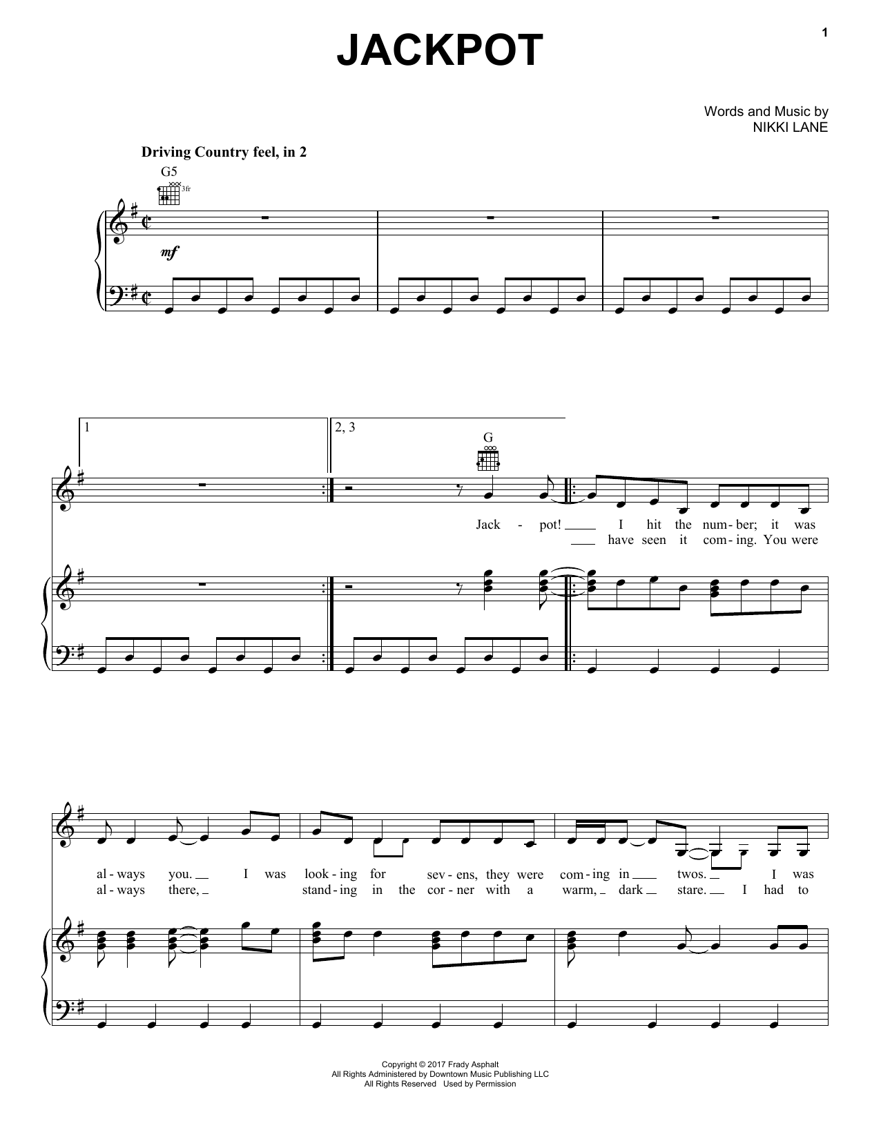 Nikki Lane Jackpot sheet music notes and chords arranged for Piano, Vocal & Guitar Chords (Right-Hand Melody)