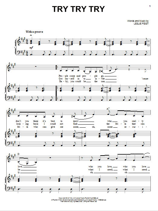 Nikki Yanofsky Try Try Try sheet music notes and chords arranged for Piano & Vocal