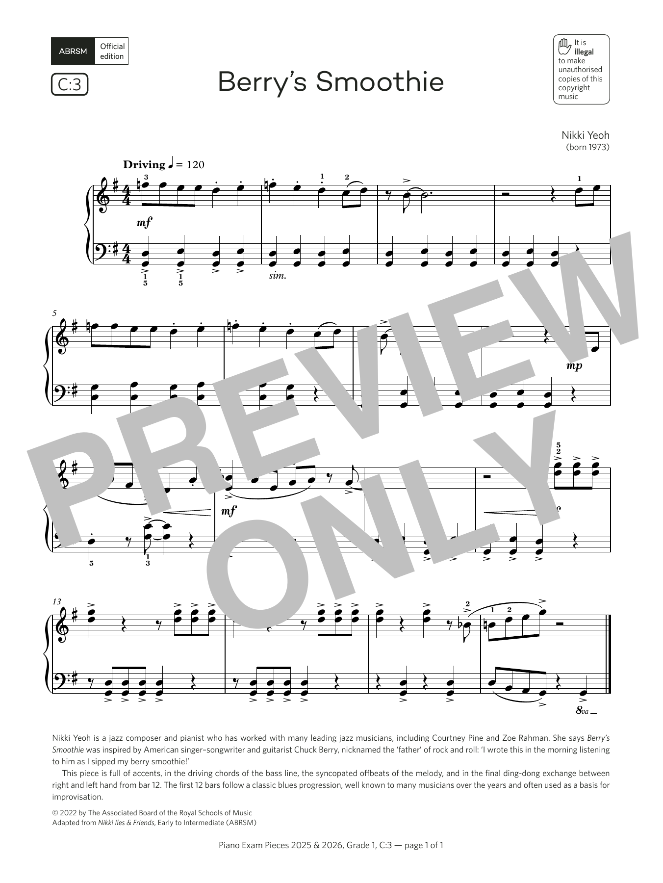 Nikki Yeoh Berry's Smoothie (Grade 1, list C3, from the ABRSM Piano Syllabus 2025 & 2026) sheet music notes and chords arranged for Piano Solo