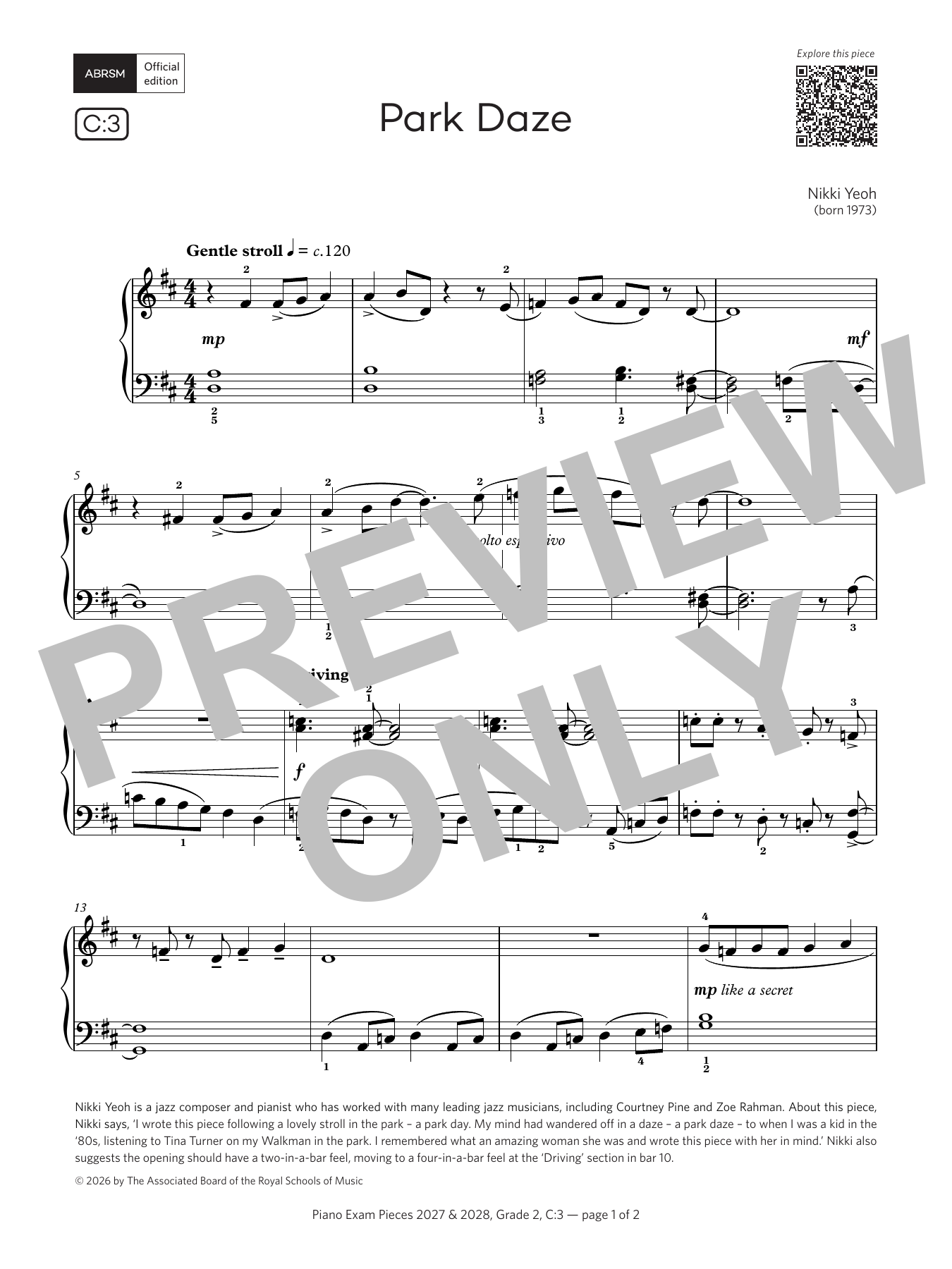 Nikki Yeoh Park Daze (Grade 2, list C3, from the ABRSM Piano Syllabus 2027 & 2028) sheet music notes and chords arranged for Piano Solo