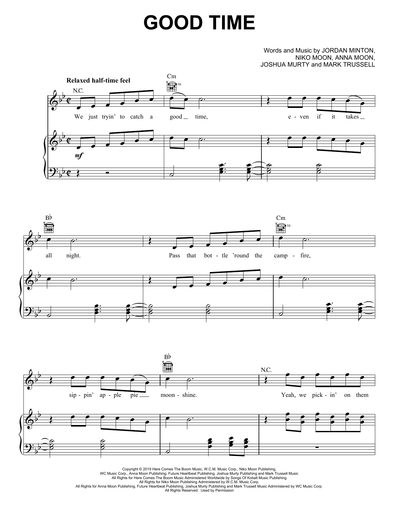 Niko Moon Good Time sheet music notes and chords arranged for Piano, Vocal & Guitar Chords (Right-Hand Melody)