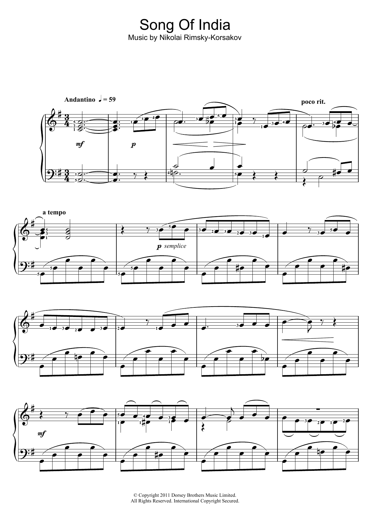 Nikolai Rimsky-Korsakov Song Of India sheet music notes and chords arranged for Piano Solo