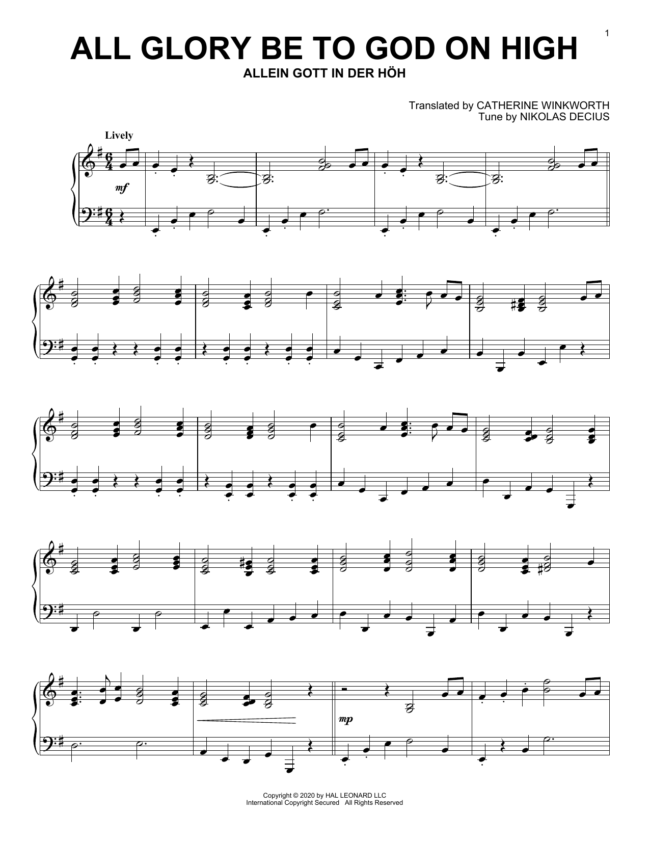 Nikolas Decius All Glory Be To God On High sheet music notes and chords arranged for Piano Solo