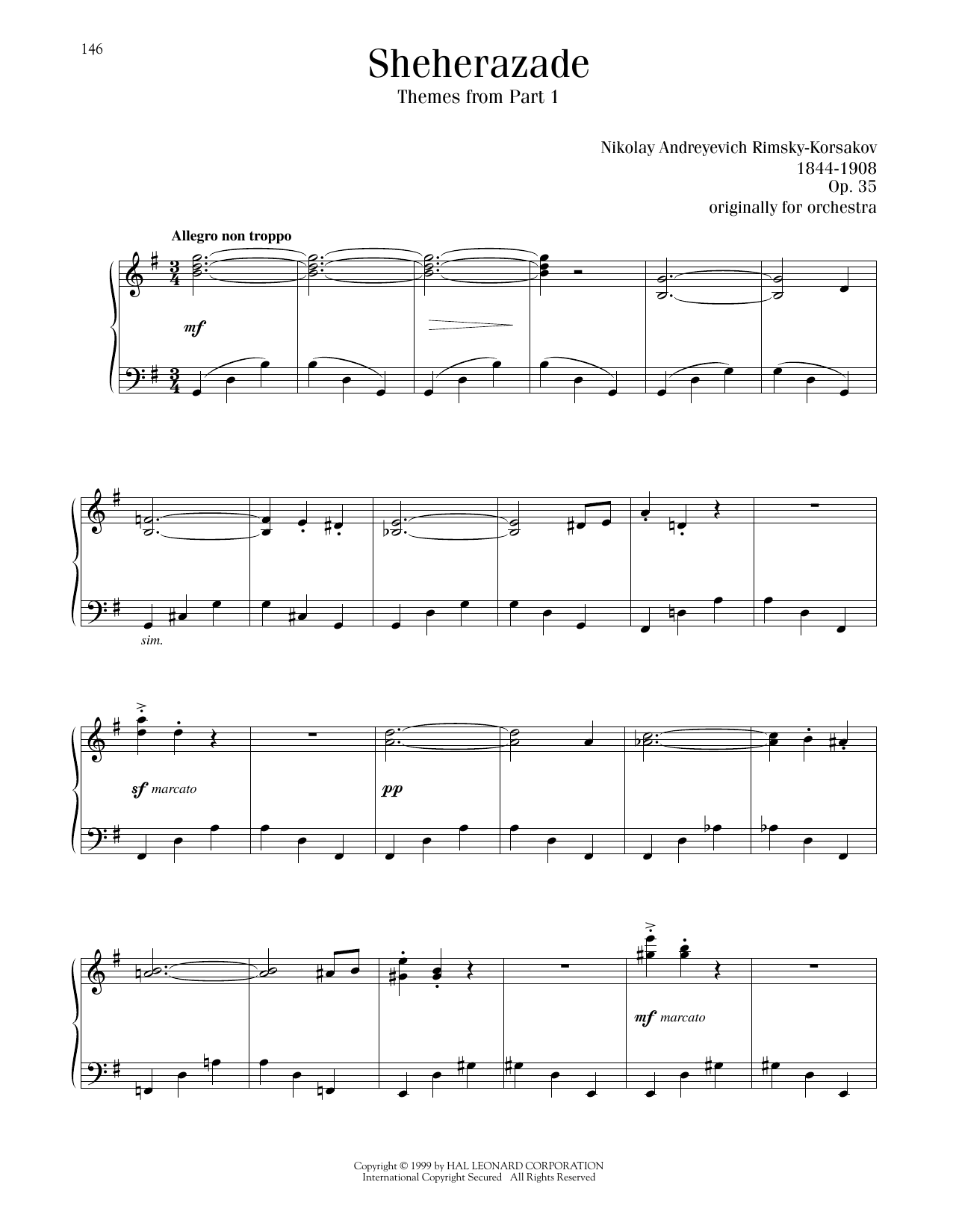 Nikolay A. Rimsky-Korsakov Sheherazade, Themes from Part 1 sheet music notes and chords arranged for Piano Solo