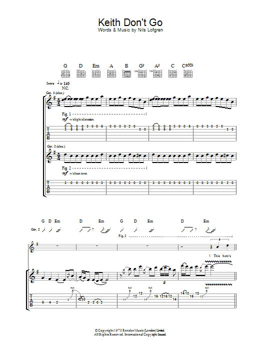 Nils Lofgren Keith Don't Go sheet music notes and chords arranged for Guitar Tab
