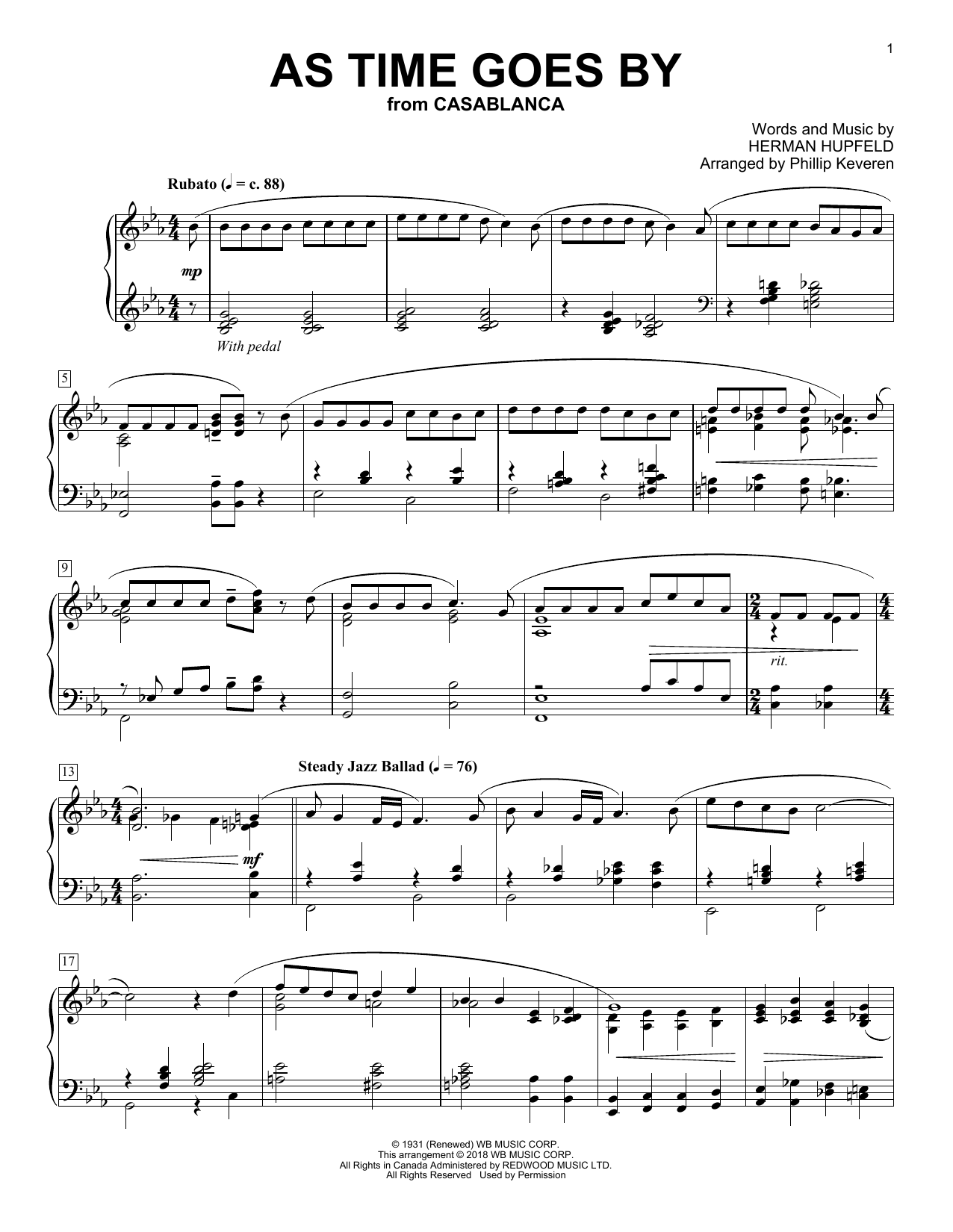 Nilsson As Time Goes By (arr. Phillip Keveren) sheet music notes and chords arranged for Piano Solo