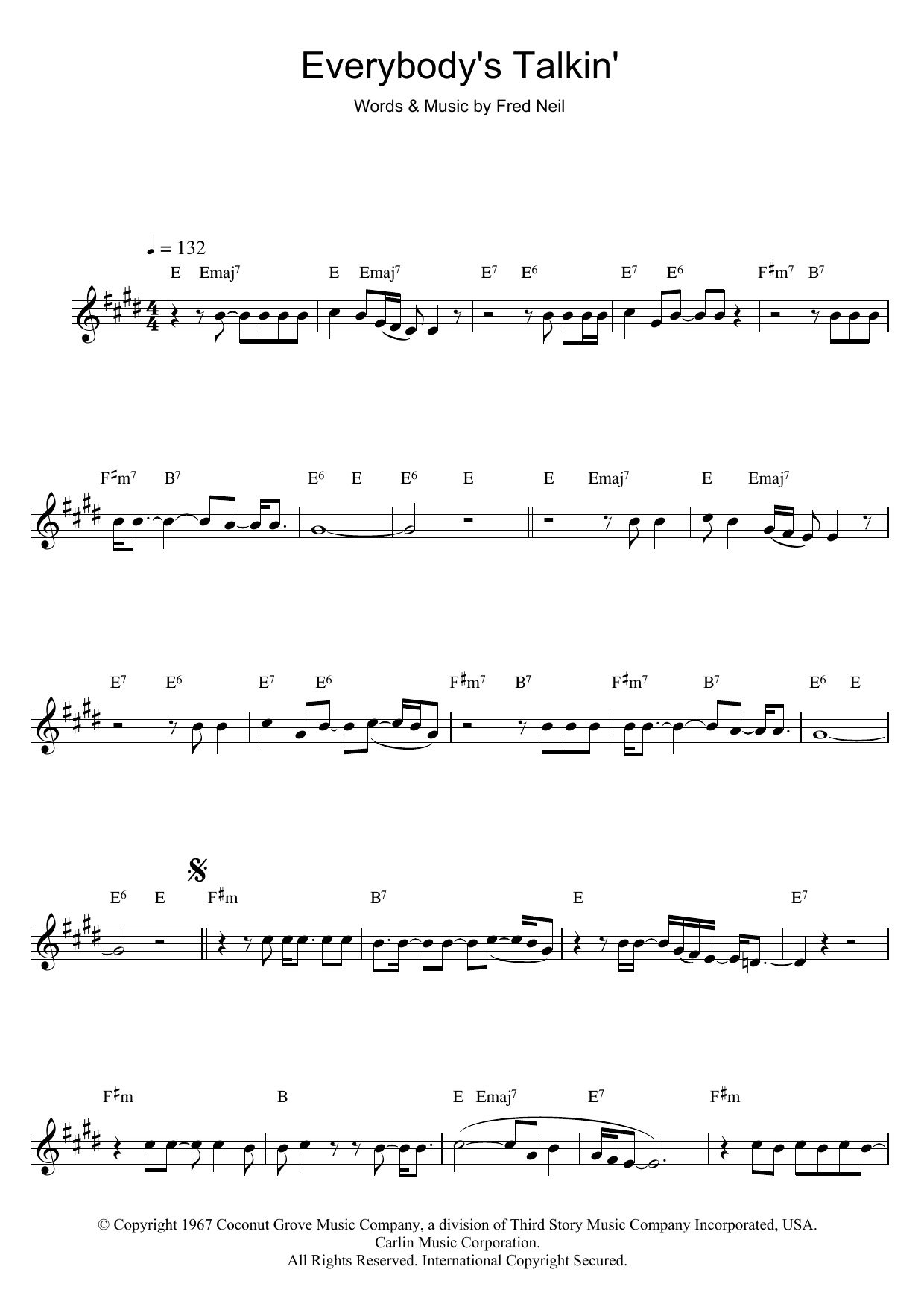 Nilsson Everybody's Talkin' sheet music notes and chords arranged for Piano Chords/Lyrics
