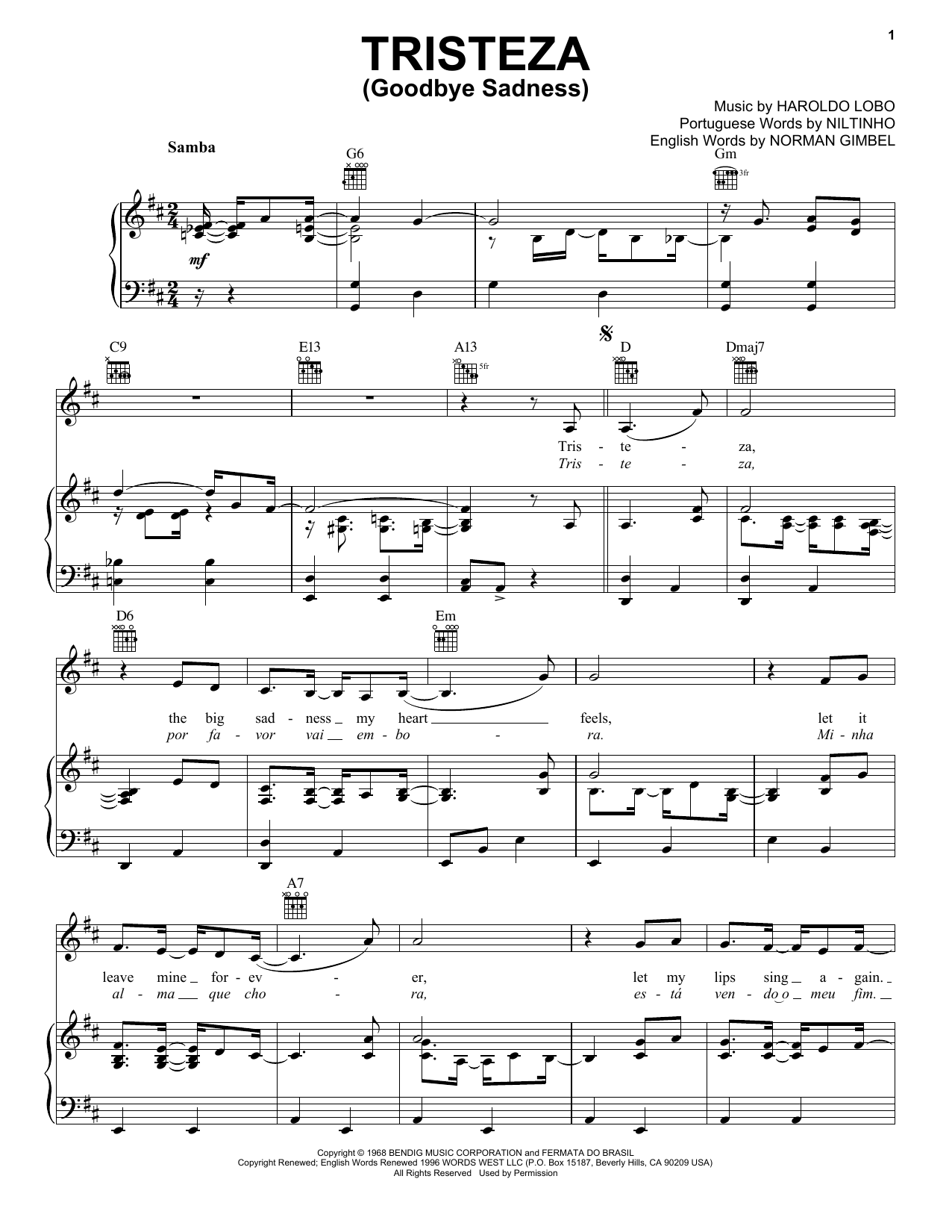 Niltinho Tristeza (Goodbye Sadness) sheet music notes and chords arranged for Piano, Vocal & Guitar Chords (Right-Hand Melody)