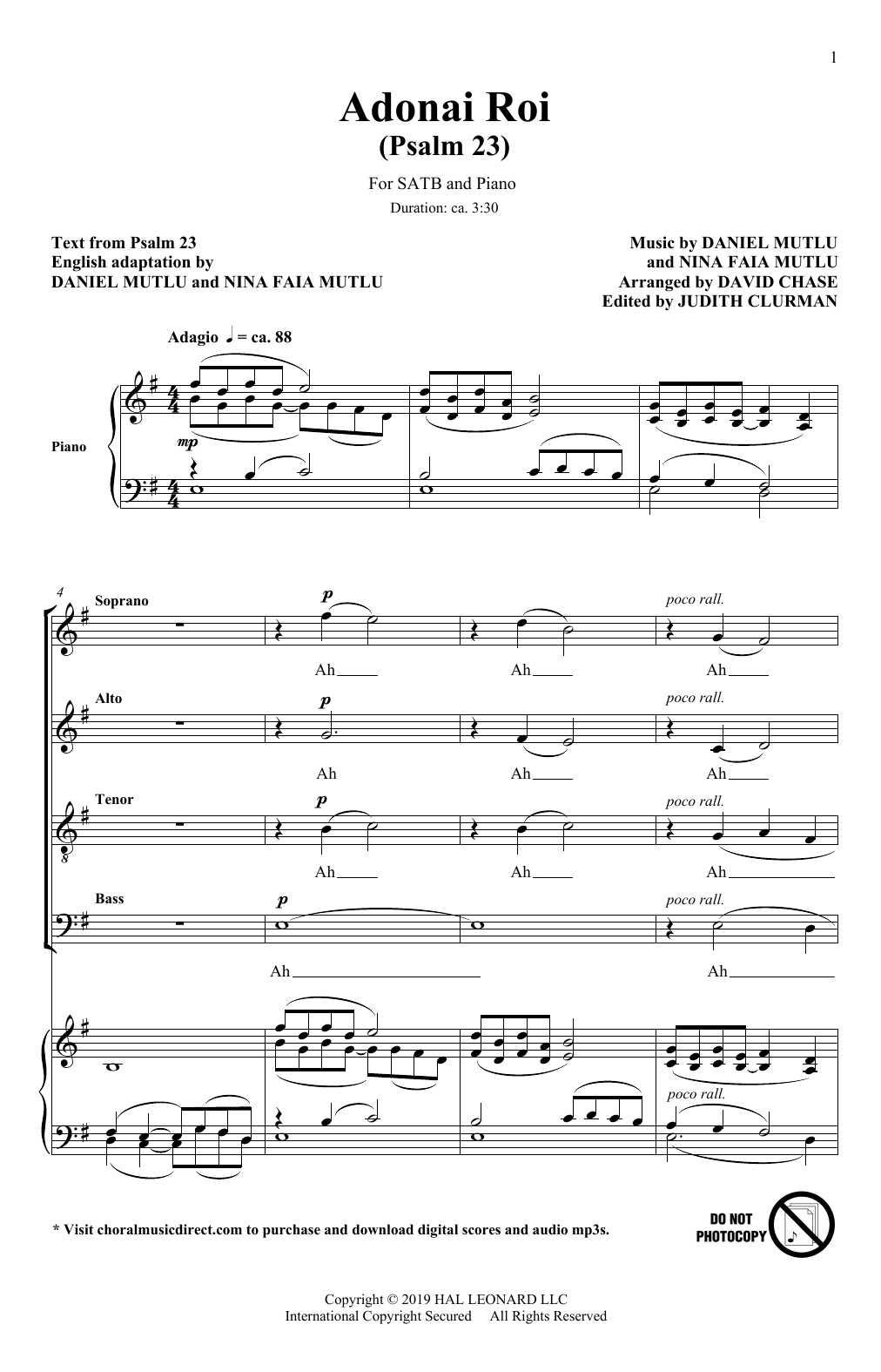 Nina Faia Mutlu and Daniel Mutlu Adonai Roi (Psalm 23) (Rejoice: Honoring the Jewish Spirit) (arr. David Chase) sheet music notes and chords arranged for SATB Choir