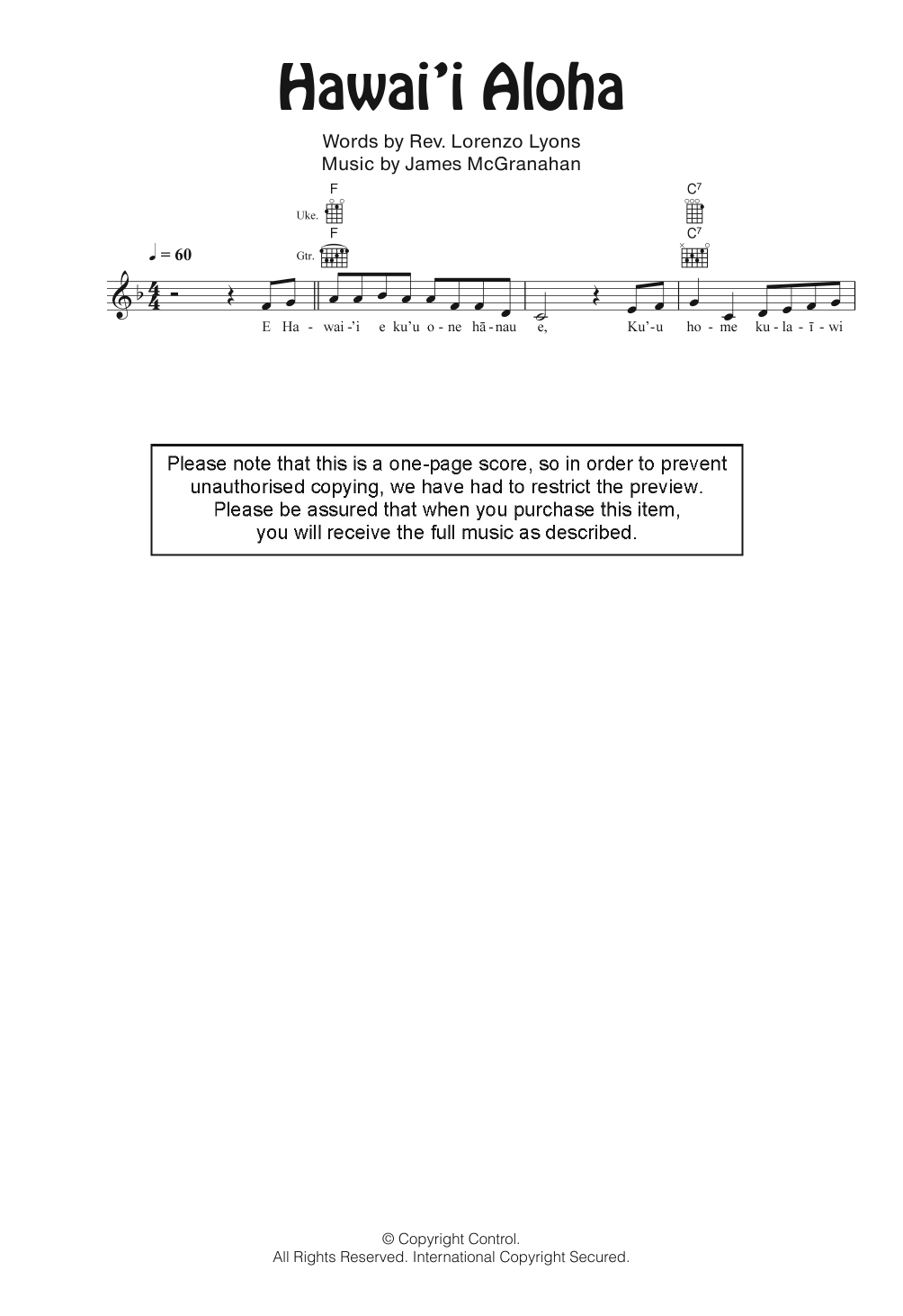 Nina Keali’iwahaman Hawai'i Aloha sheet music notes and chords arranged for Ukulele