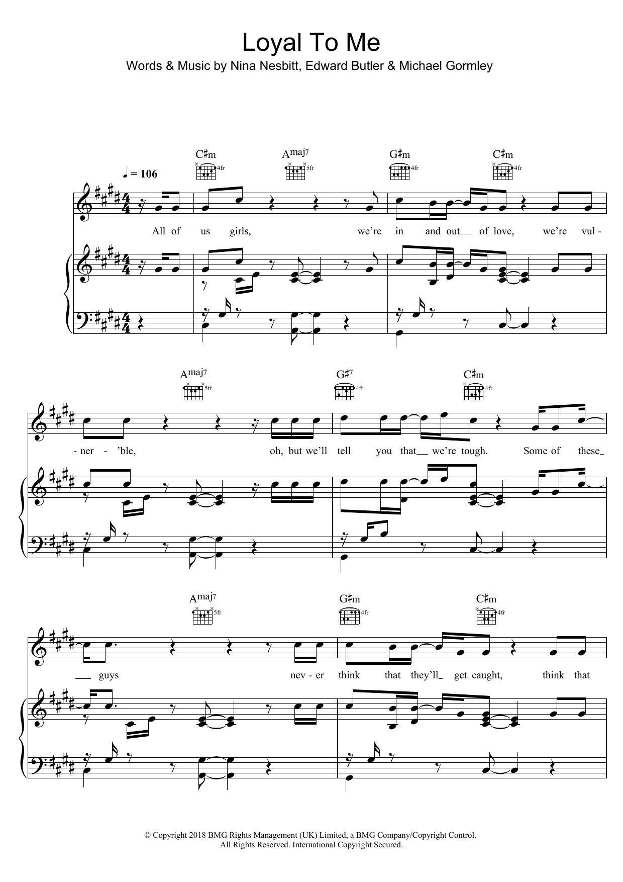 Nina Nesbitt Loyal To Me sheet music notes and chords arranged for Piano, Vocal & Guitar Chords (Right-Hand Melody)