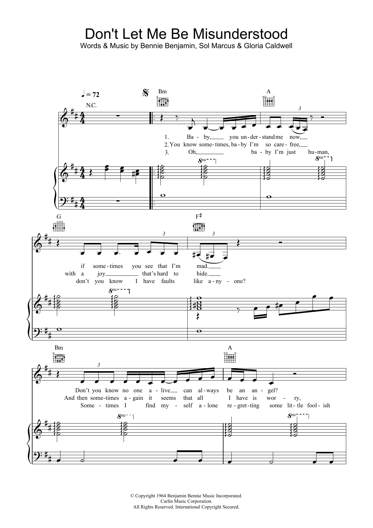 Nina Simone Don't Let Me Be Misunderstood sheet music notes and chords arranged for Piano, Vocal & Guitar Chords