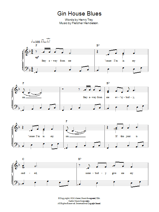 Nina Simone Gin House Blues sheet music notes and chords arranged for Easy Piano