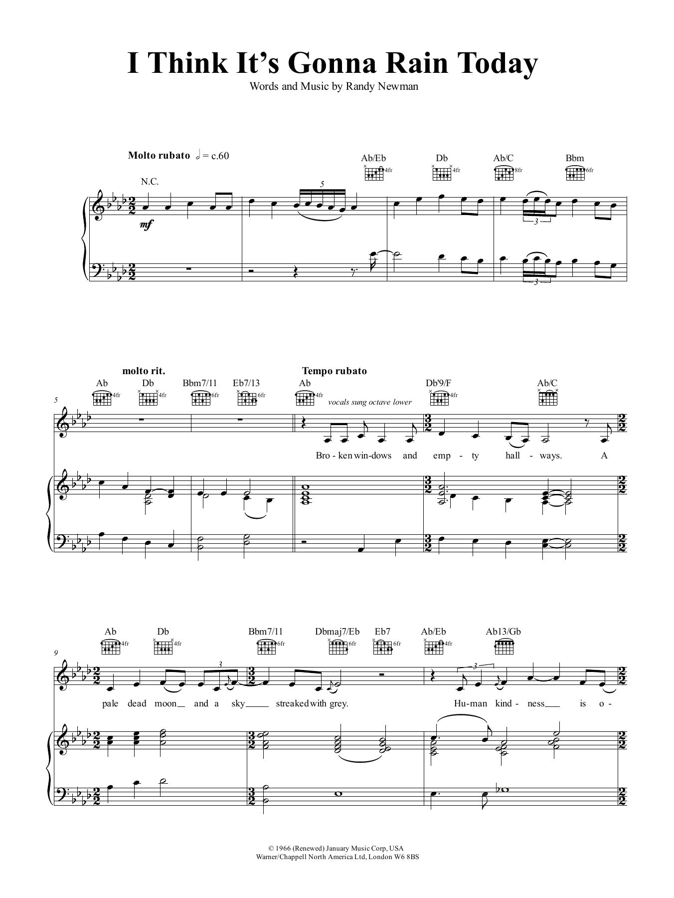 Nina Simone I Think It's Going To Rain Today sheet music notes and chords arranged for Piano, Vocal & Guitar Chords (Right-Hand Melody)