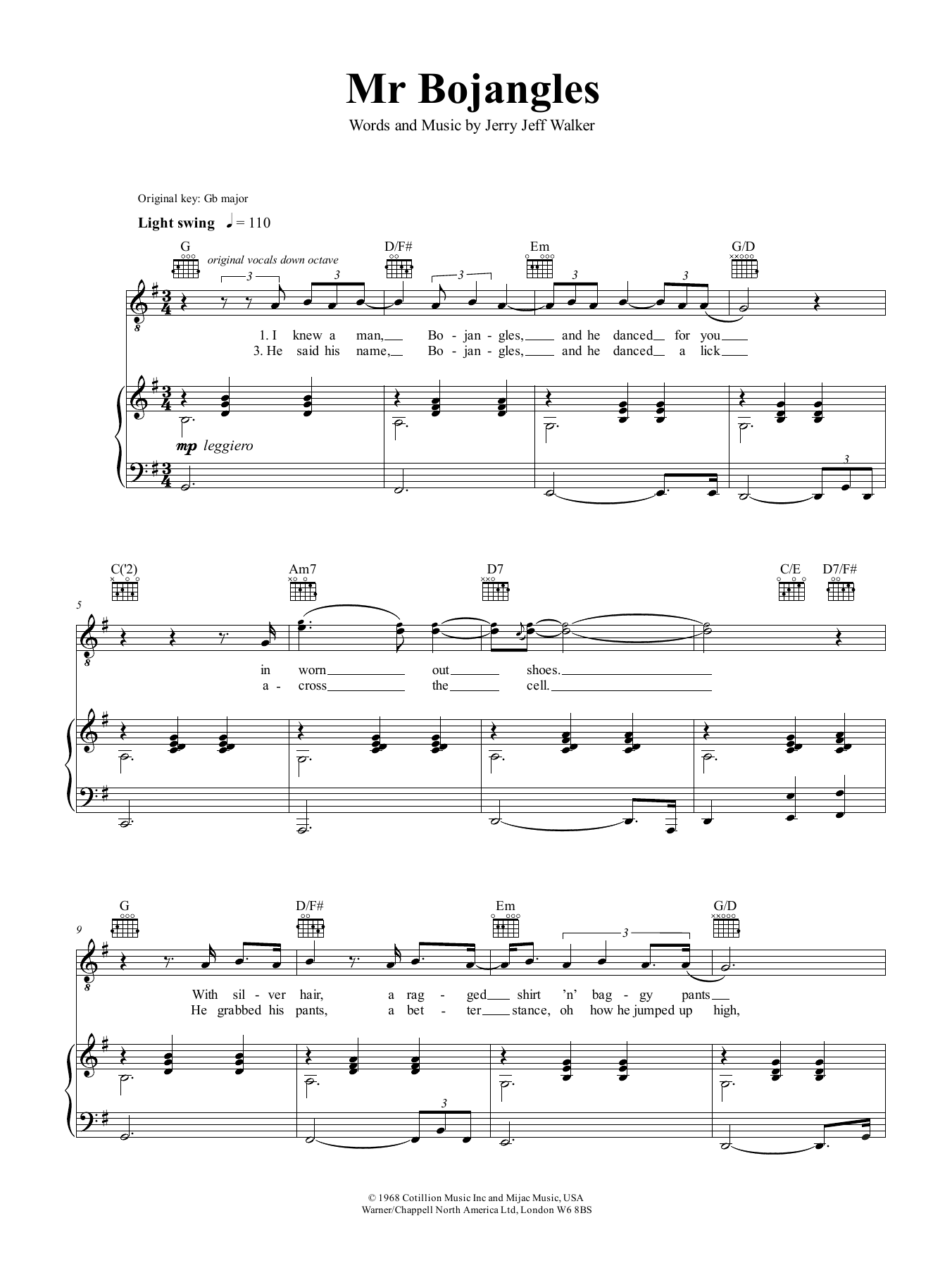 Nina Simone Mr Bojangles sheet music notes and chords arranged for Piano, Vocal & Guitar Chords (Right-Hand Melody)