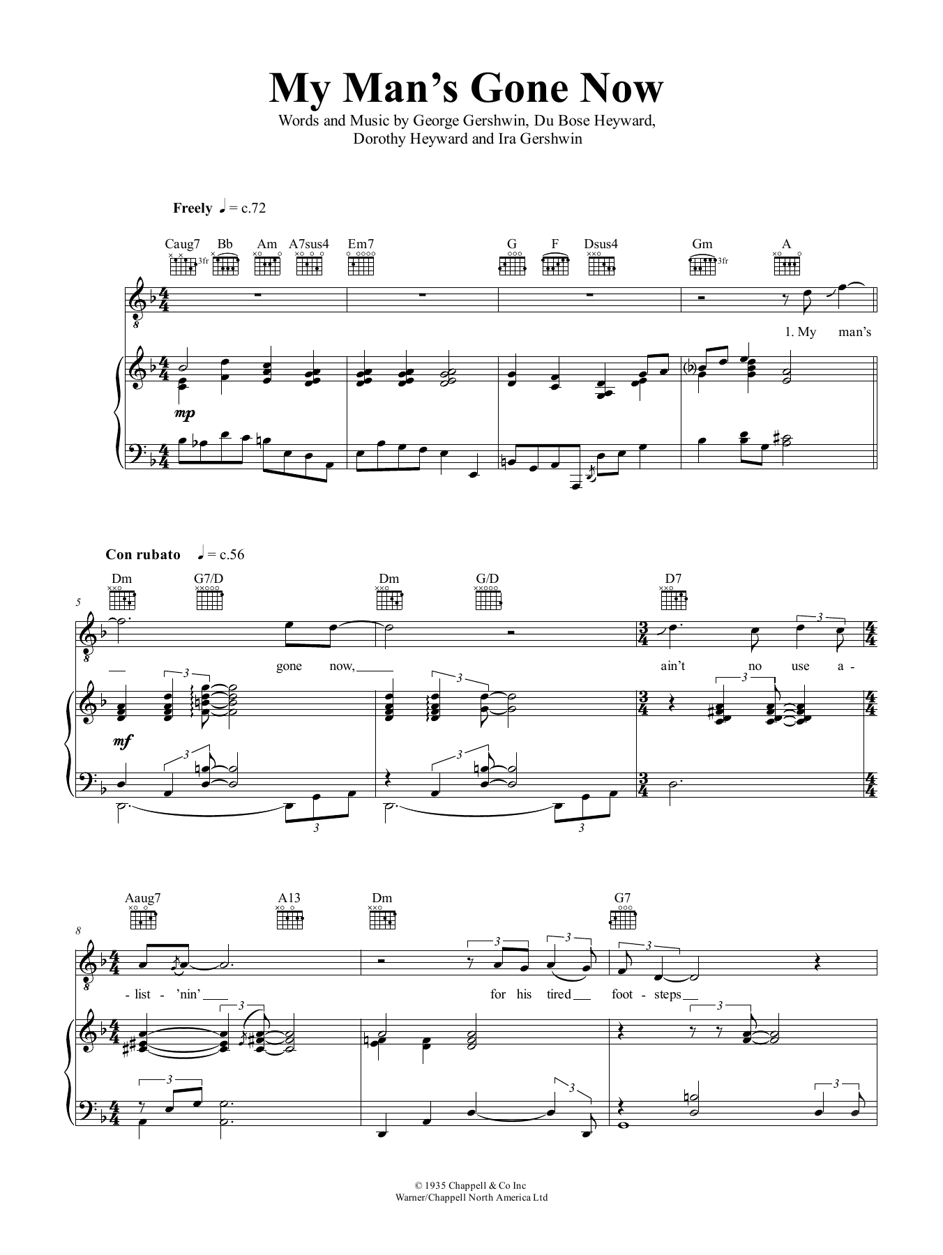 Nina Simone My Man's Gone Now sheet music notes and chords arranged for Piano, Vocal & Guitar Chords (Right-Hand Melody)