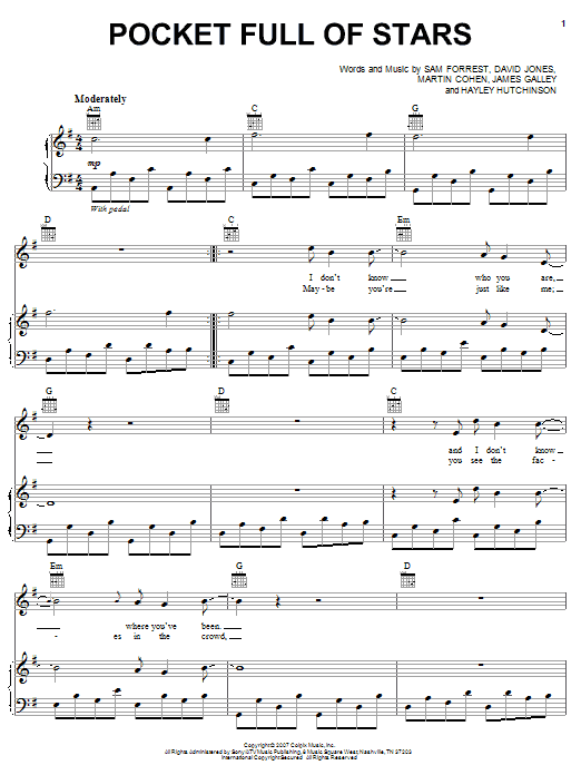 Nine Black Alps Pocket Full Of Stars sheet music notes and chords arranged for Piano, Vocal & Guitar Chords (Right-Hand Melody)