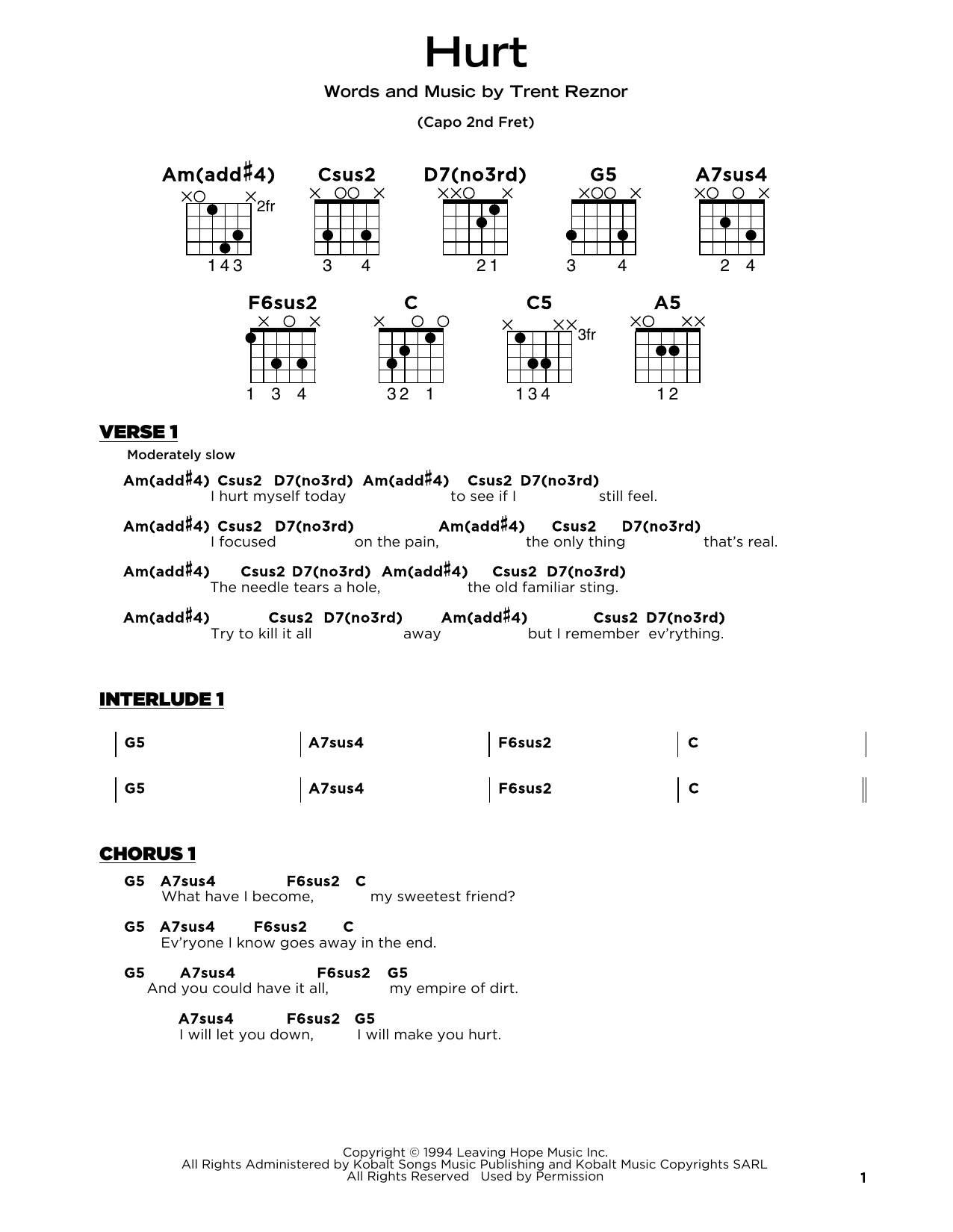 Nine Inch Nails Hurt sheet music notes and chords arranged for Really Easy Guitar