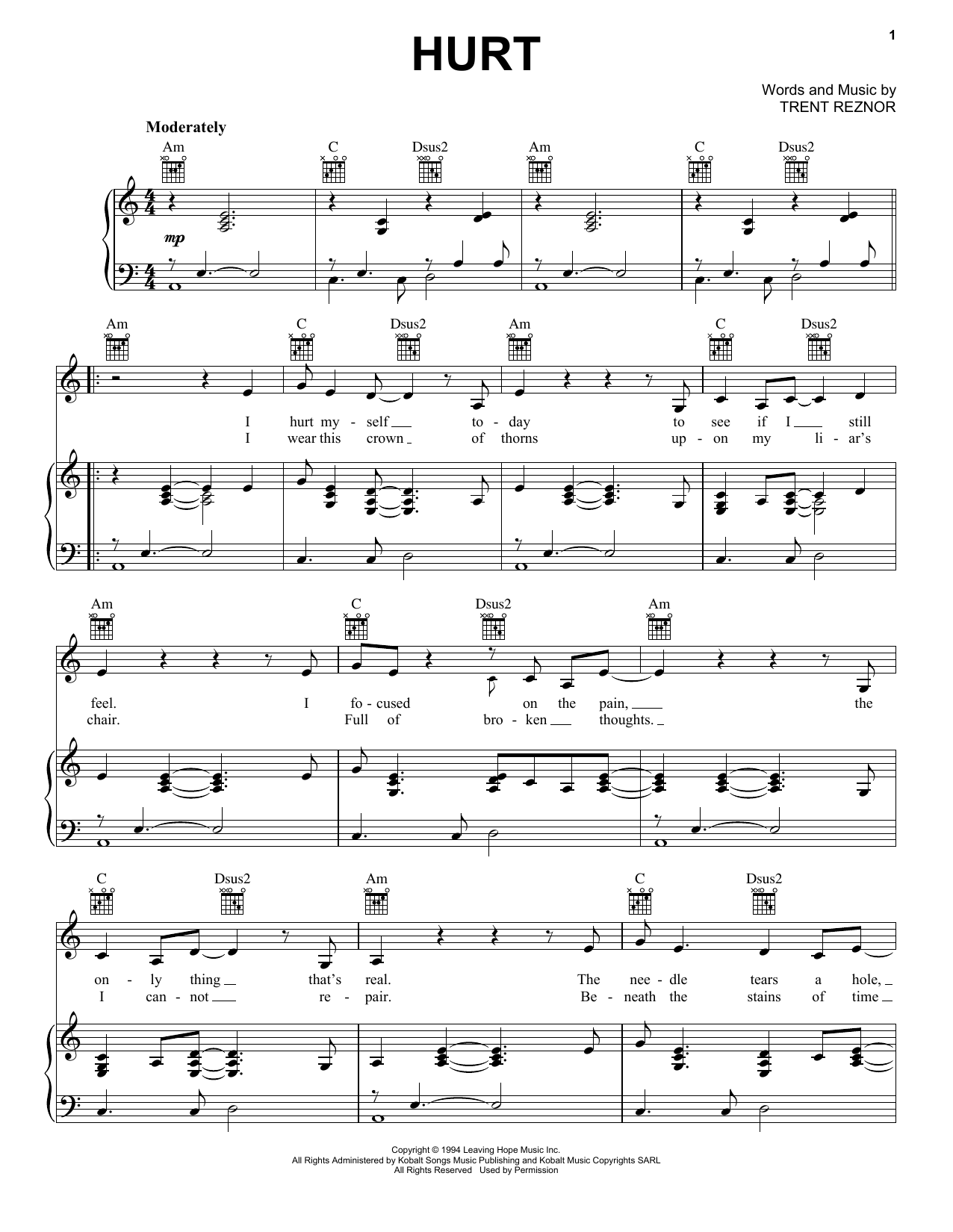 Nine Inch Nails Hurt (Quiet) sheet music notes and chords arranged for Piano, Vocal & Guitar Chords (Right-Hand Melody)