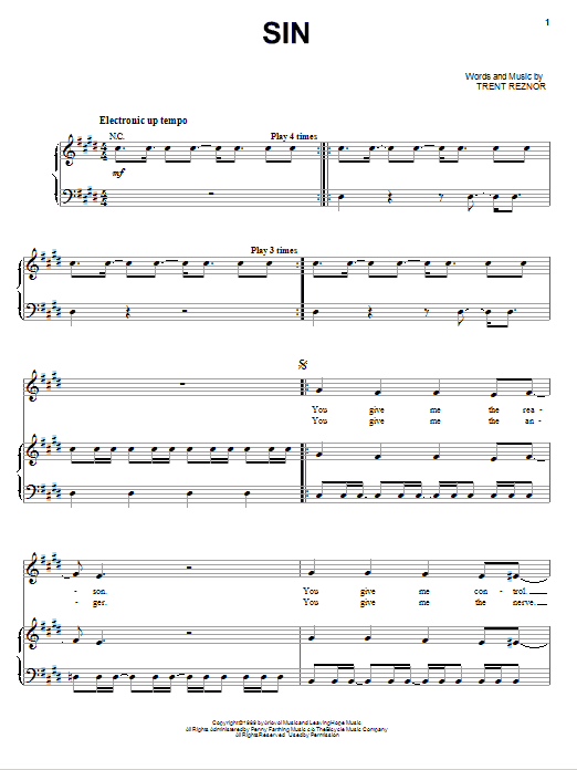 Nine Inch Nails Sin sheet music notes and chords arranged for Piano, Vocal & Guitar Chords (Right-Hand Melody)