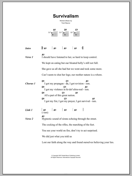 Nine Inch Nails Survivalism sheet music notes and chords arranged for Guitar Chords/Lyrics