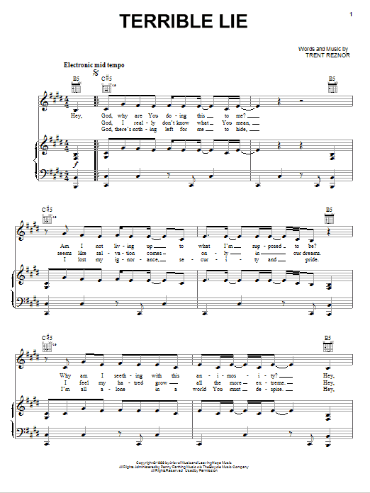 Nine Inch Nails Terrible Lie sheet music notes and chords arranged for Piano, Vocal & Guitar Chords (Right-Hand Melody)