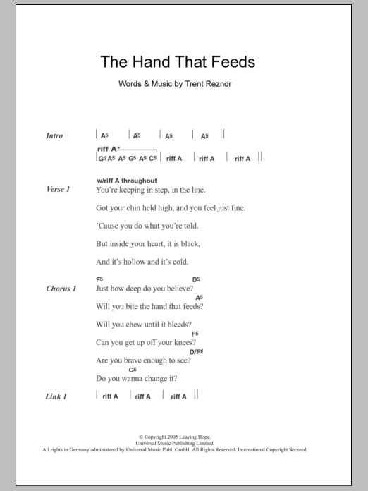 Nine Inch Nails The Hand That Feeds sheet music notes and chords arranged for Guitar Chords/Lyrics