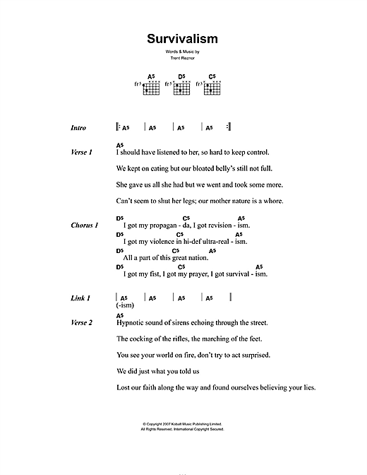 Nine Inch Nails Survivalism sheet music notes and chords arranged for Guitar Chords/Lyrics