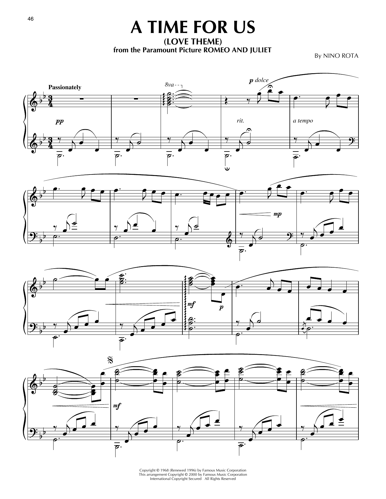 Nino Rota A Time For Us (Love Theme) (from Romeo And Juliet) (arr. Phillip Keveren) sheet music notes and chords arranged for Piano Solo