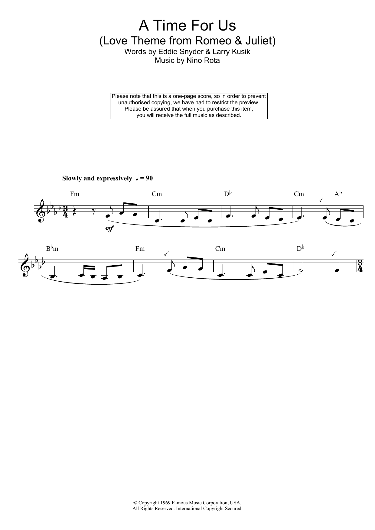 Nino Rota A Time For Us (Love Theme from Romeo and Juliet) sheet music notes and chords arranged for Alto Sax Solo