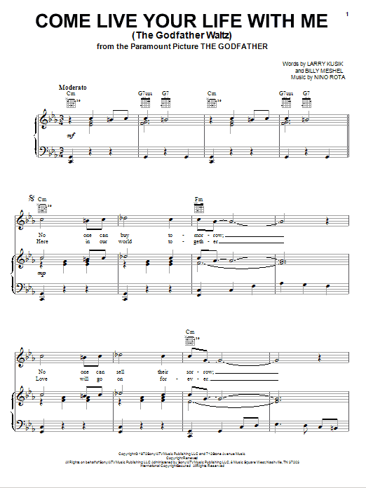 Nino Rota Come Live Your Life With Me (The Godfather Waltz) sheet music notes and chords arranged for Piano, Vocal & Guitar Chords (Right-Hand Melody)