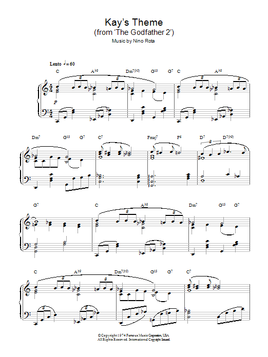 Nino Rota Kay's Theme (from The Godfather 2) sheet music notes and chords arranged for Piano Solo