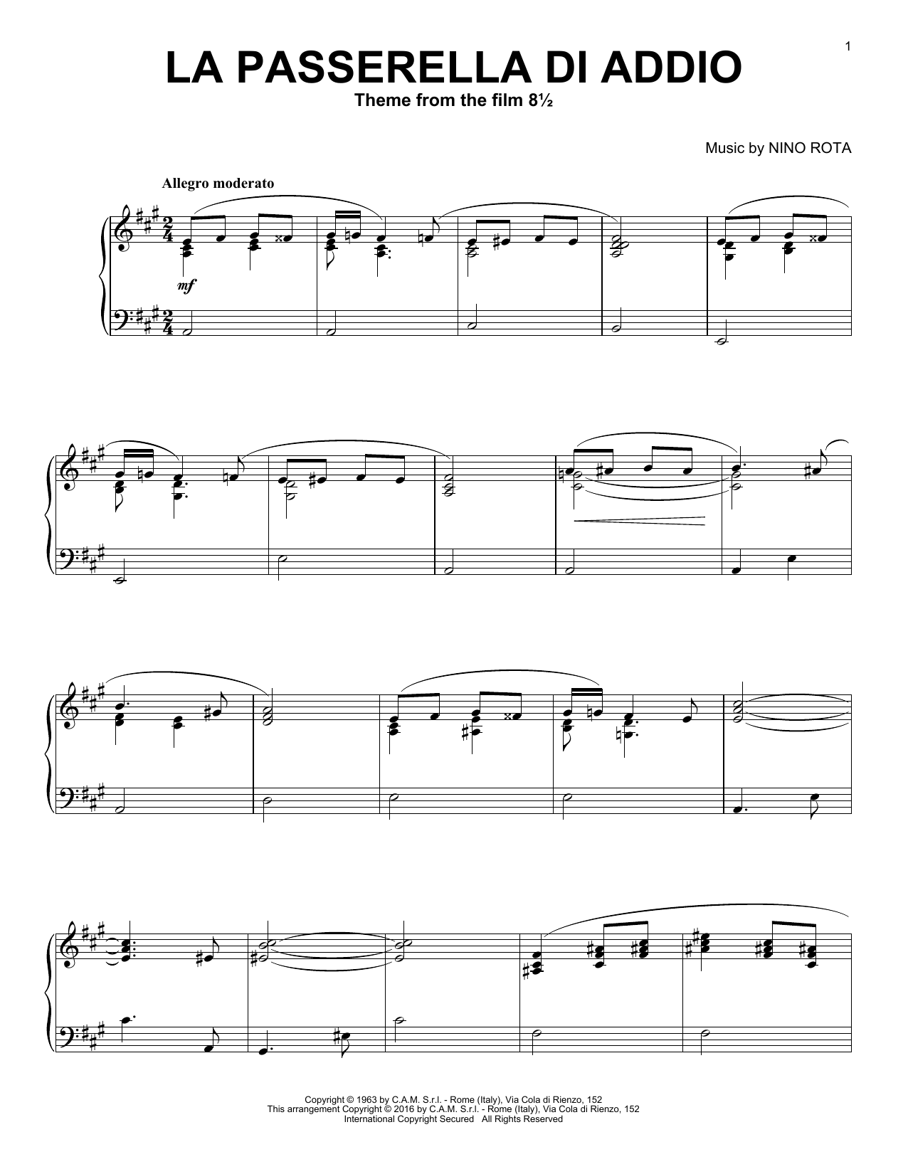 Nino Rota La Passerella Di Addio sheet music notes and chords arranged for Piano Solo