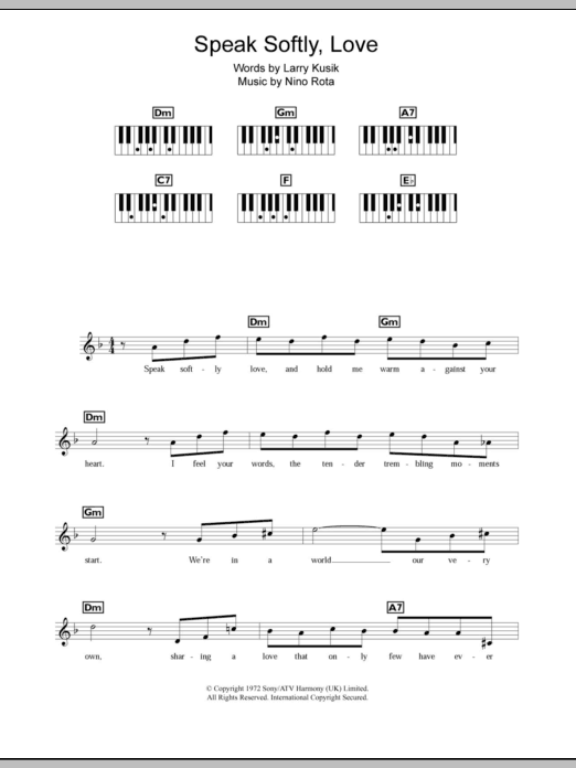 Nino Rota Speak Softly, Love (Love Theme) sheet music notes and chords arranged for Piano Chords/Lyrics