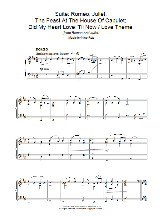 Nino Rota Suite: Romeo; Juliet; The Feast At The House Of Capulet; Did My Heart Love 'Til Now / Love Theme (fr sheet music notes and chords arranged for Piano Solo