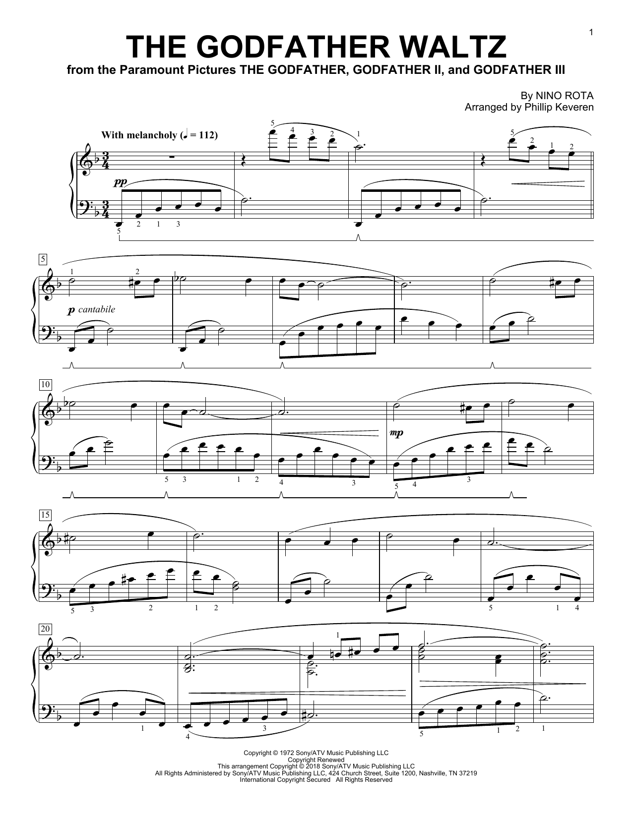 Nino Rota The Godfather Waltz (arr. Phillip Keveren) sheet music notes and chords arranged for Piano Solo