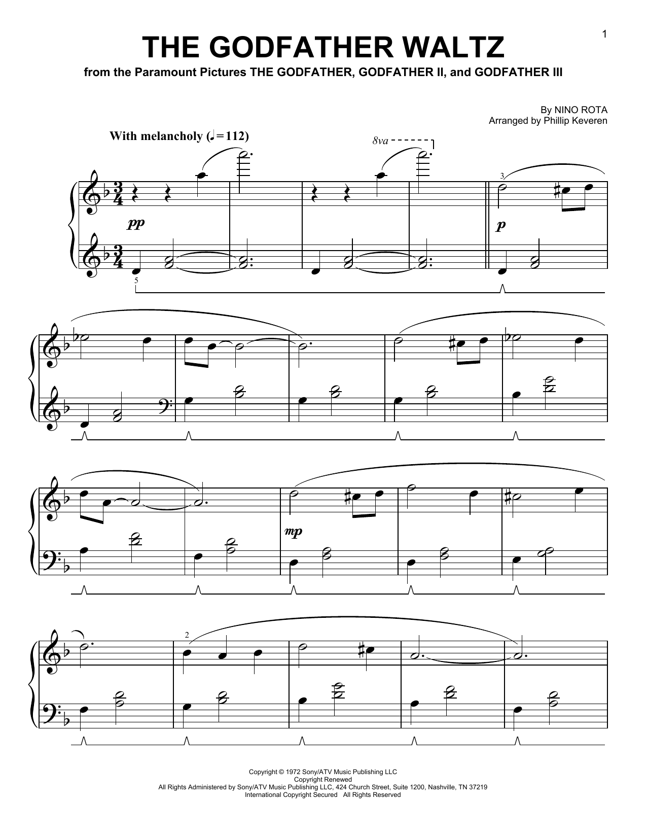 Nino Rota The Godfather Waltz [Classical version] (arr. Phillip Keveren) sheet music notes and chords arranged for Easy Piano