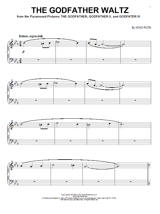 Nino Rota The Godfather Waltz sheet music notes and chords arranged for Piano Solo