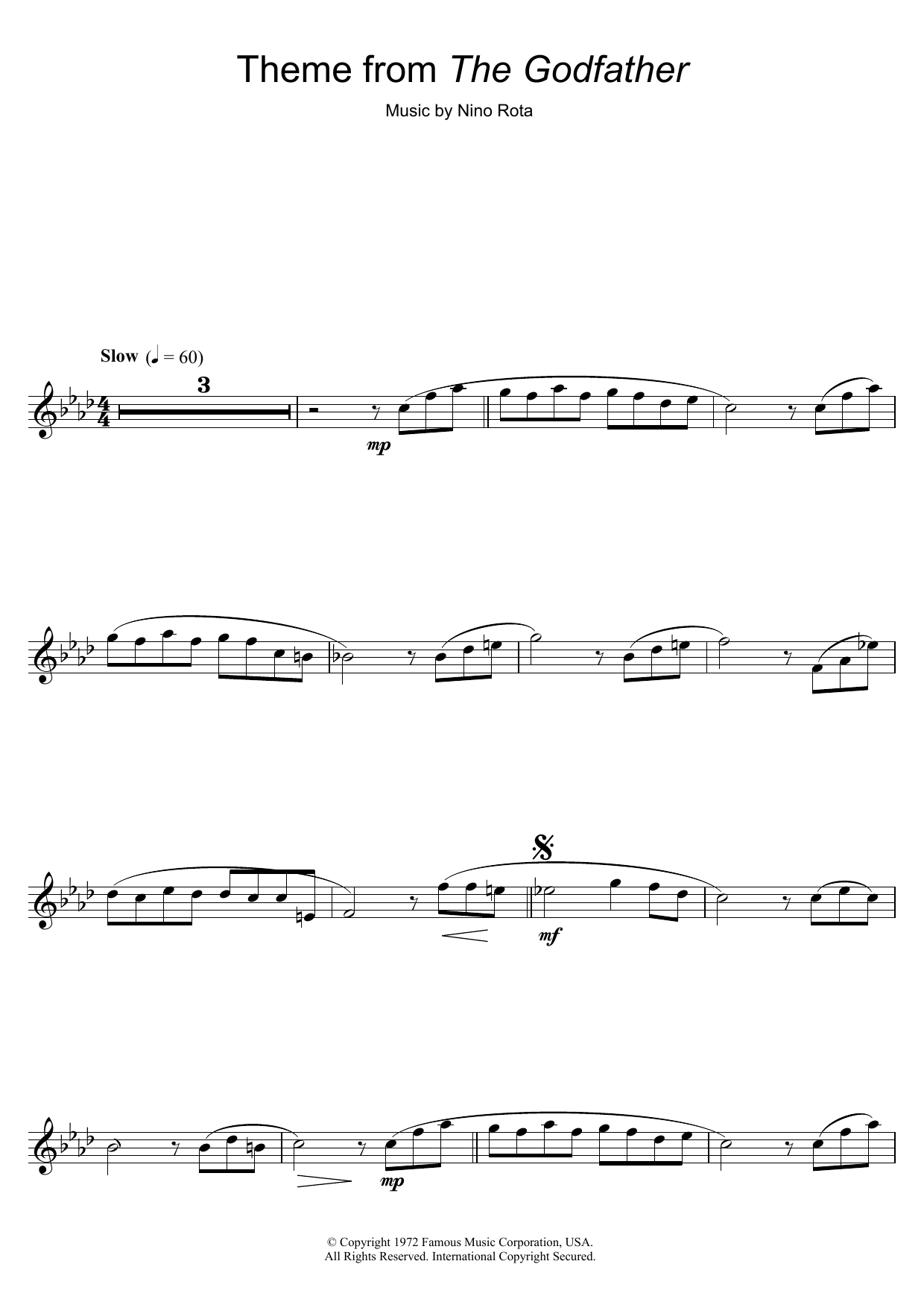 Nino Rota Theme from The Godfather sheet music notes and chords arranged for Flute Solo