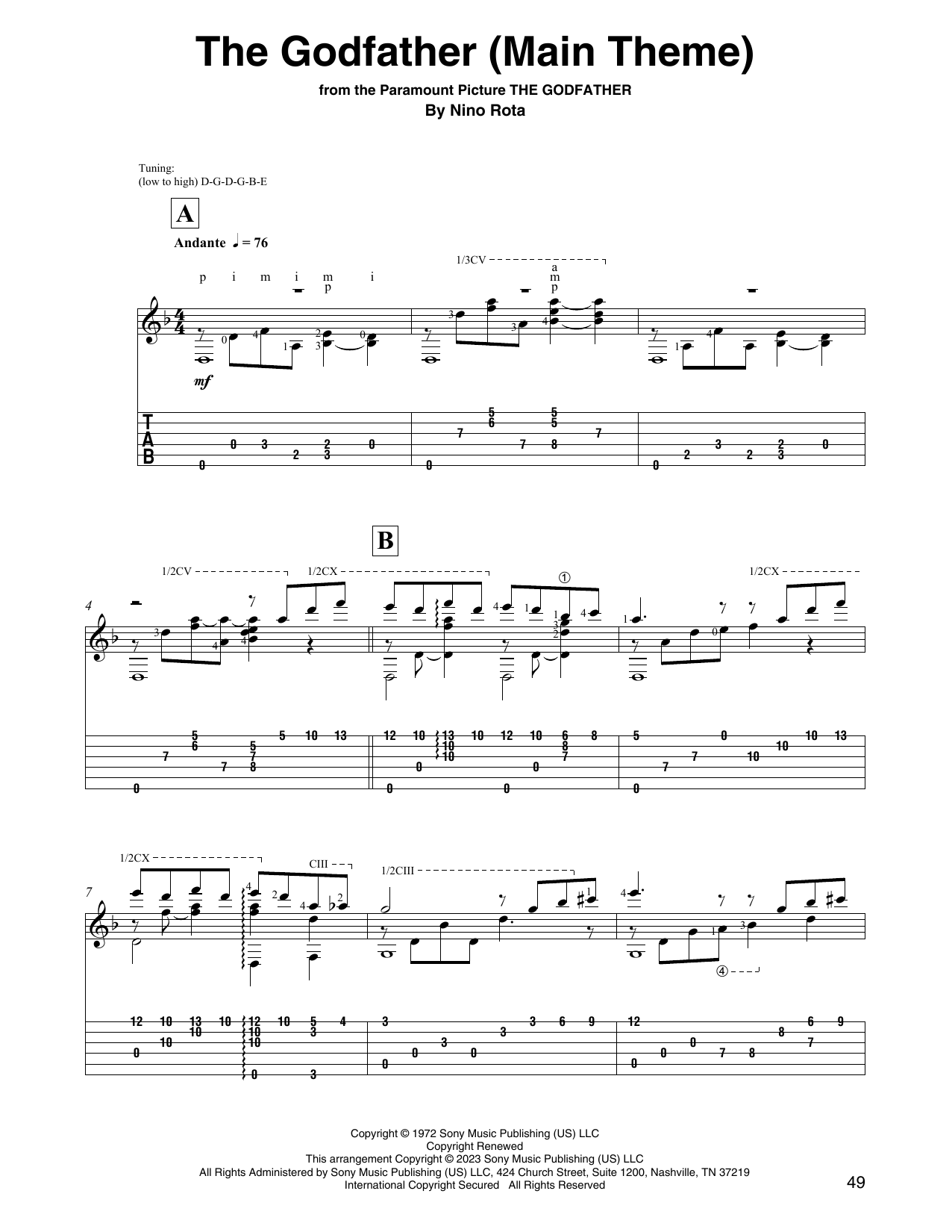 Nino Rota The Godfather (Main Theme) sheet music notes and chords arranged for Solo Guitar