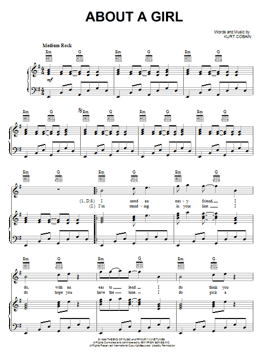 Nirvana About A Girl sheet music notes and chords arranged for Guitar Lead Sheet