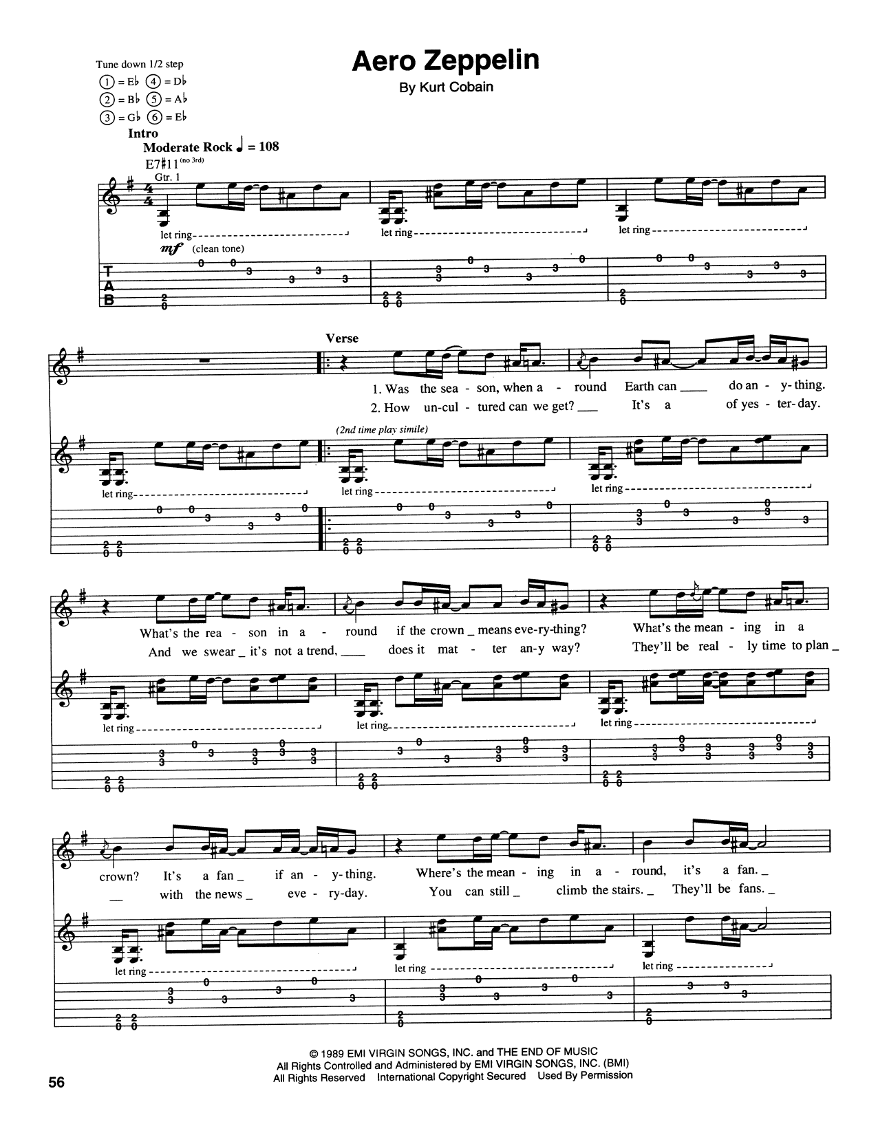 Nirvana Aero Zeppelin sheet music notes and chords arranged for Guitar Tab