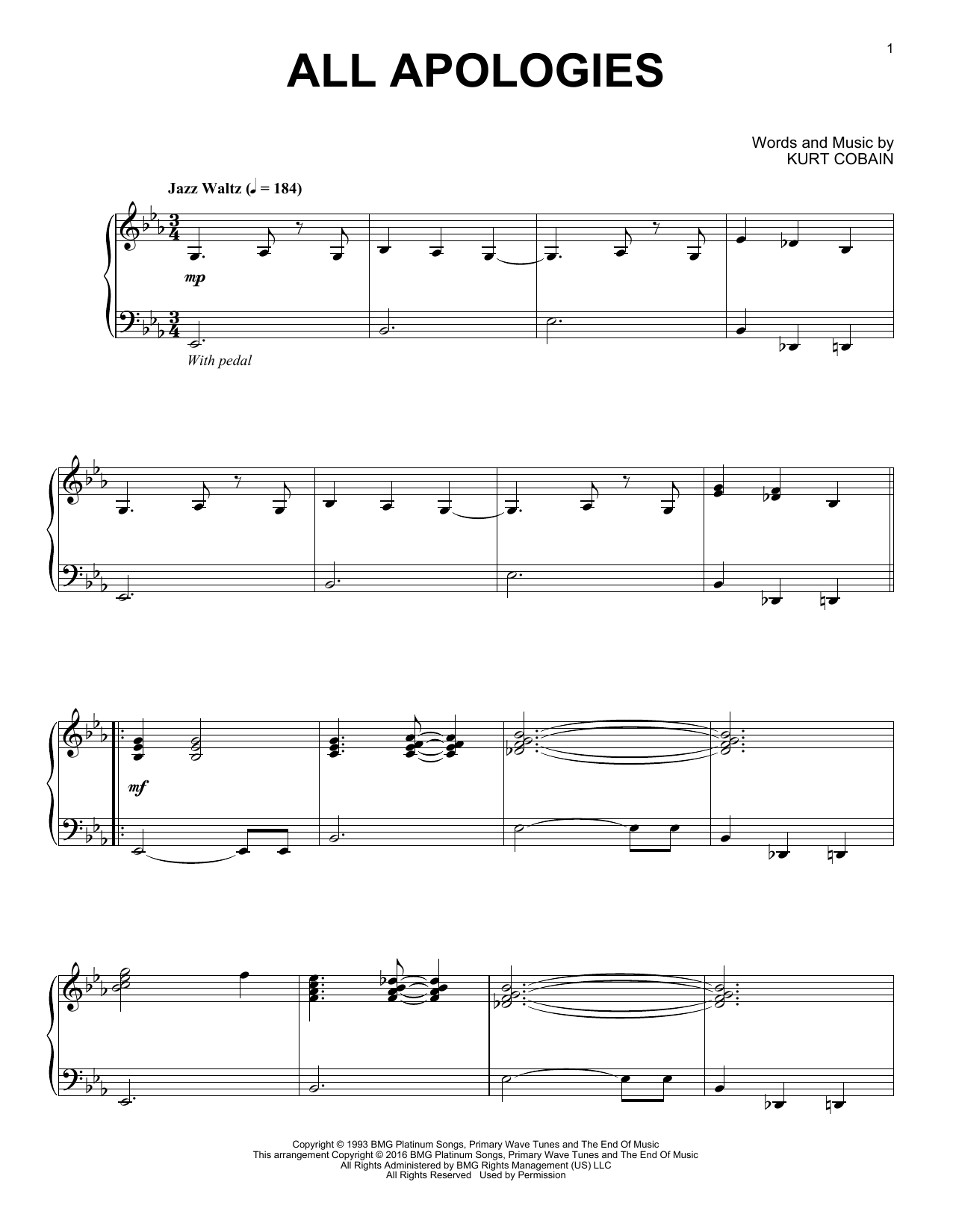 Nirvana All Apologies [Jazz version] sheet music notes and chords arranged for Piano Solo