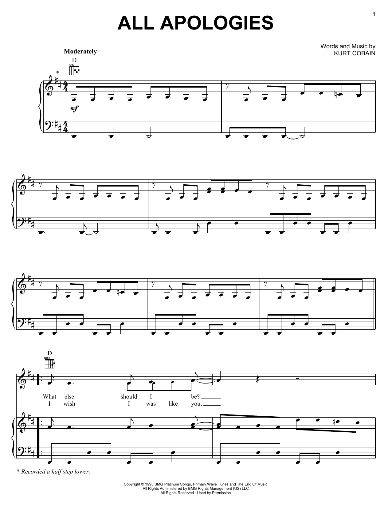 Nirvana All Apologies sheet music notes and chords arranged for Guitar Tab (Single Guitar)