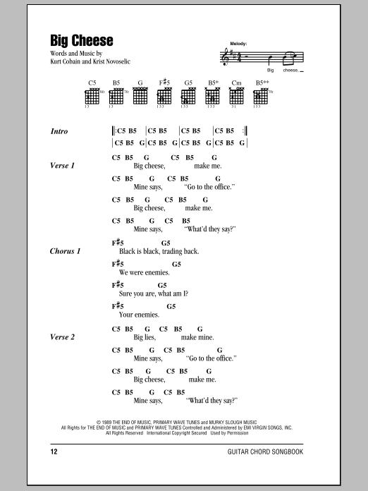 Nirvana Big Cheese sheet music notes and chords arranged for Piano, Vocal & Guitar Chords (Right-Hand Melody)
